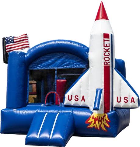 Blue inflatable bounce house with a USA rocket and flag