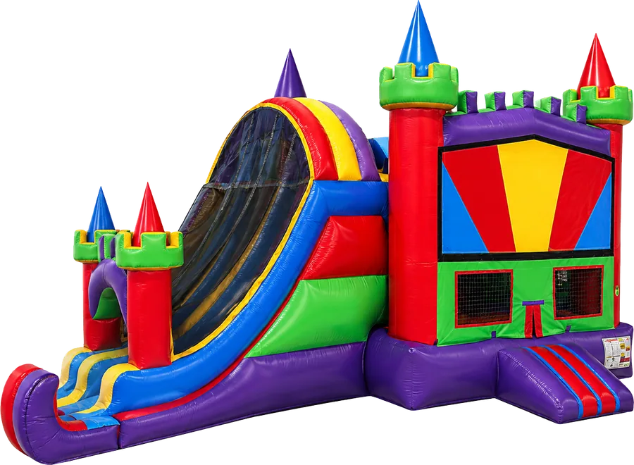 Colorful inflatable castle bounce house with an attached slide